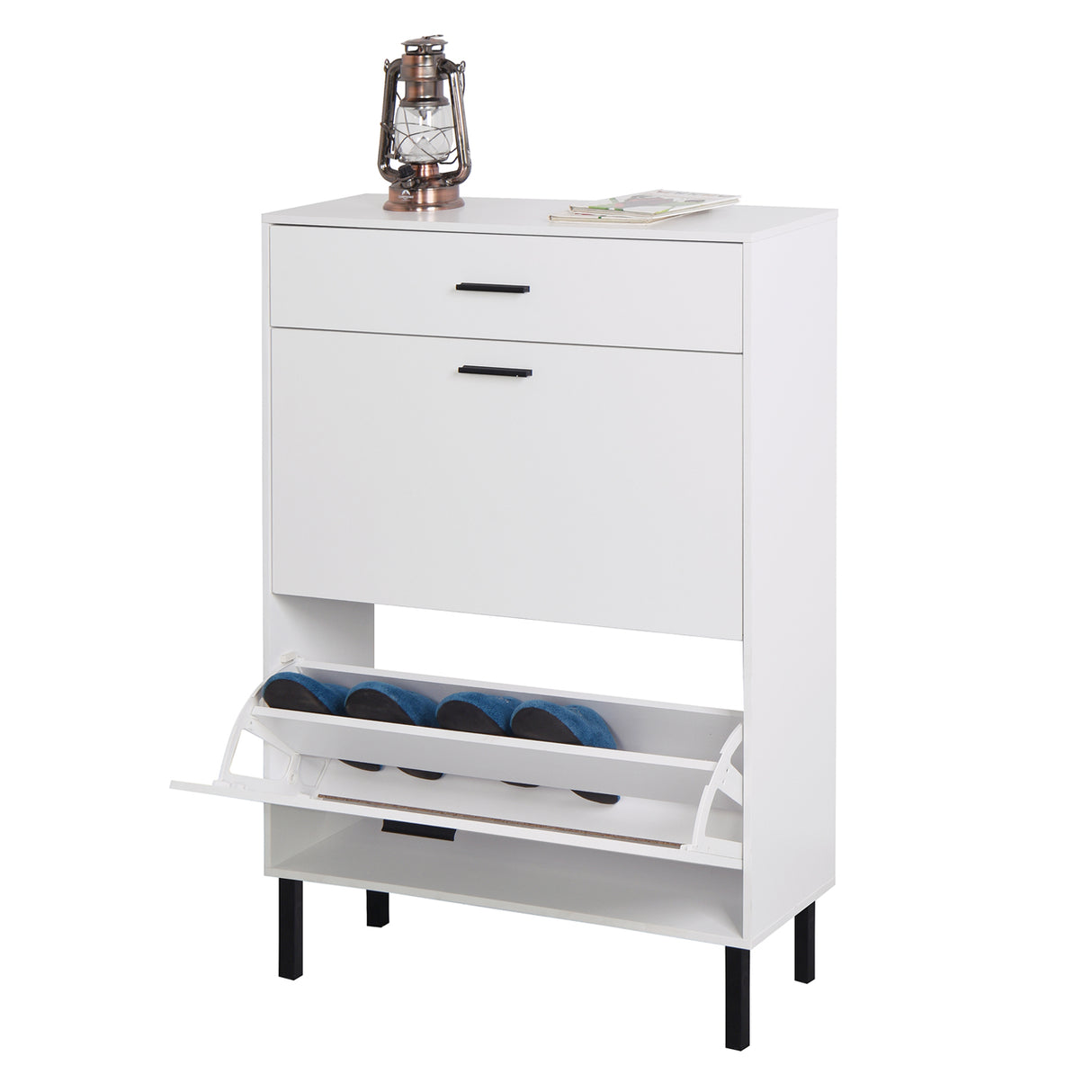 Independent shoe rack storage box with drawers and metal legs, modern shoe cabinet with 2 flippable drawers - V.I.P Digital Presence