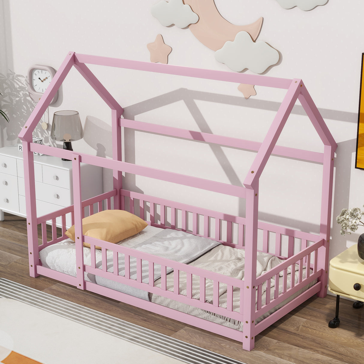 Twin Size Floor Wooden Bed with House Roof Frame, Fence Guardrails,Pink - V.I.P Digital Presence