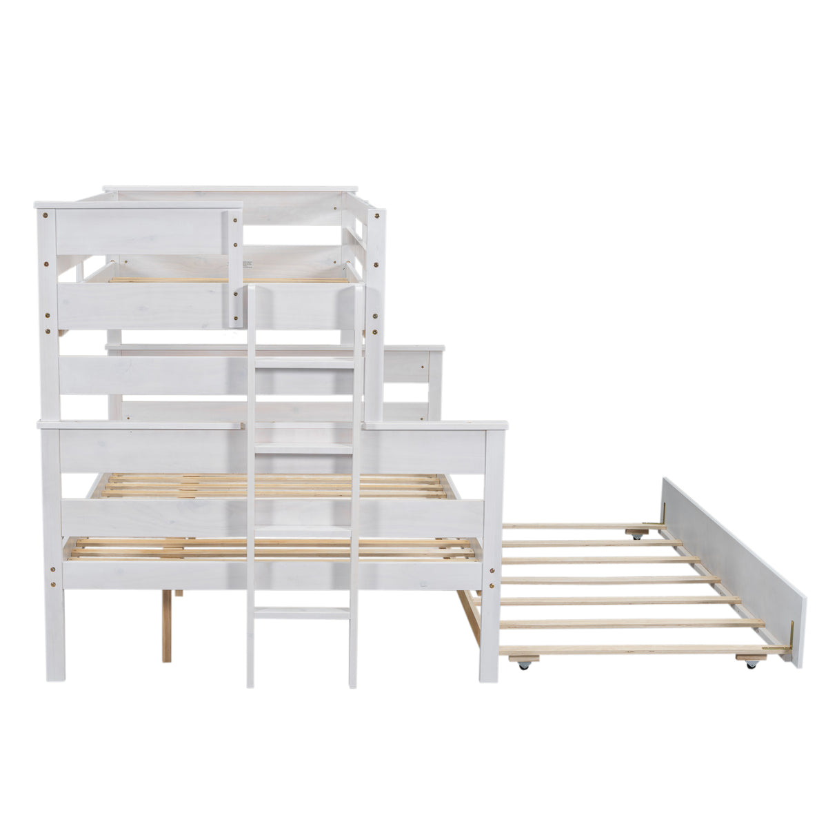 Wood Twin over Full Bunk Bed with Twin Size Trundle White