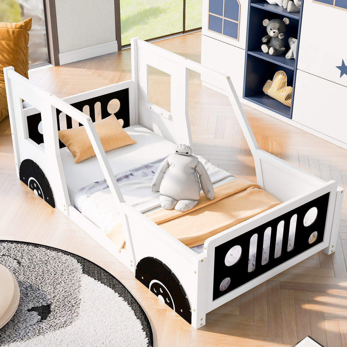 Twin Size Classic Car-Shaped Platform Bed with Wheels White