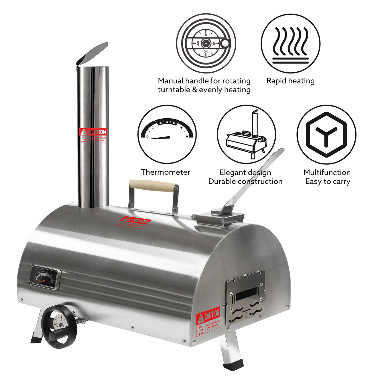 Silver Pizza Oven Outdoor 12" Semi-Automatic Rotatable Pizza Ovens Portable Stainless Steel