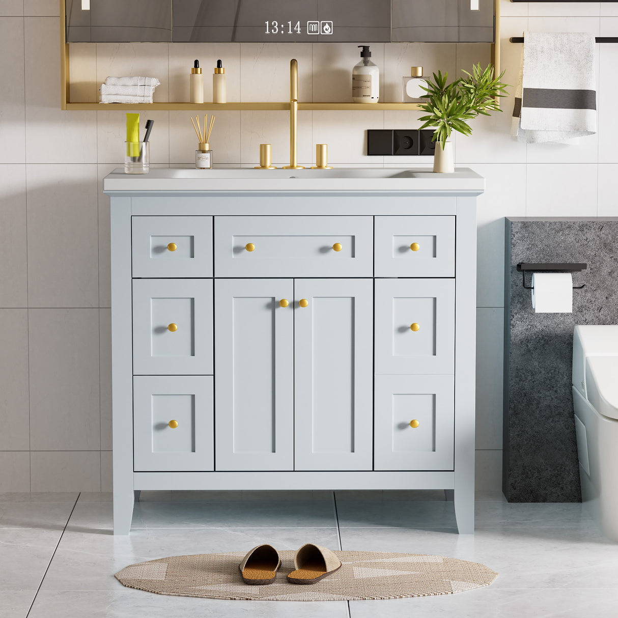 36 inch bathroom vanity with resin sink combination set with 6 drawers and 2 cabinets, storage cabinet vanity set, light blue - V.I.P Digital Presence