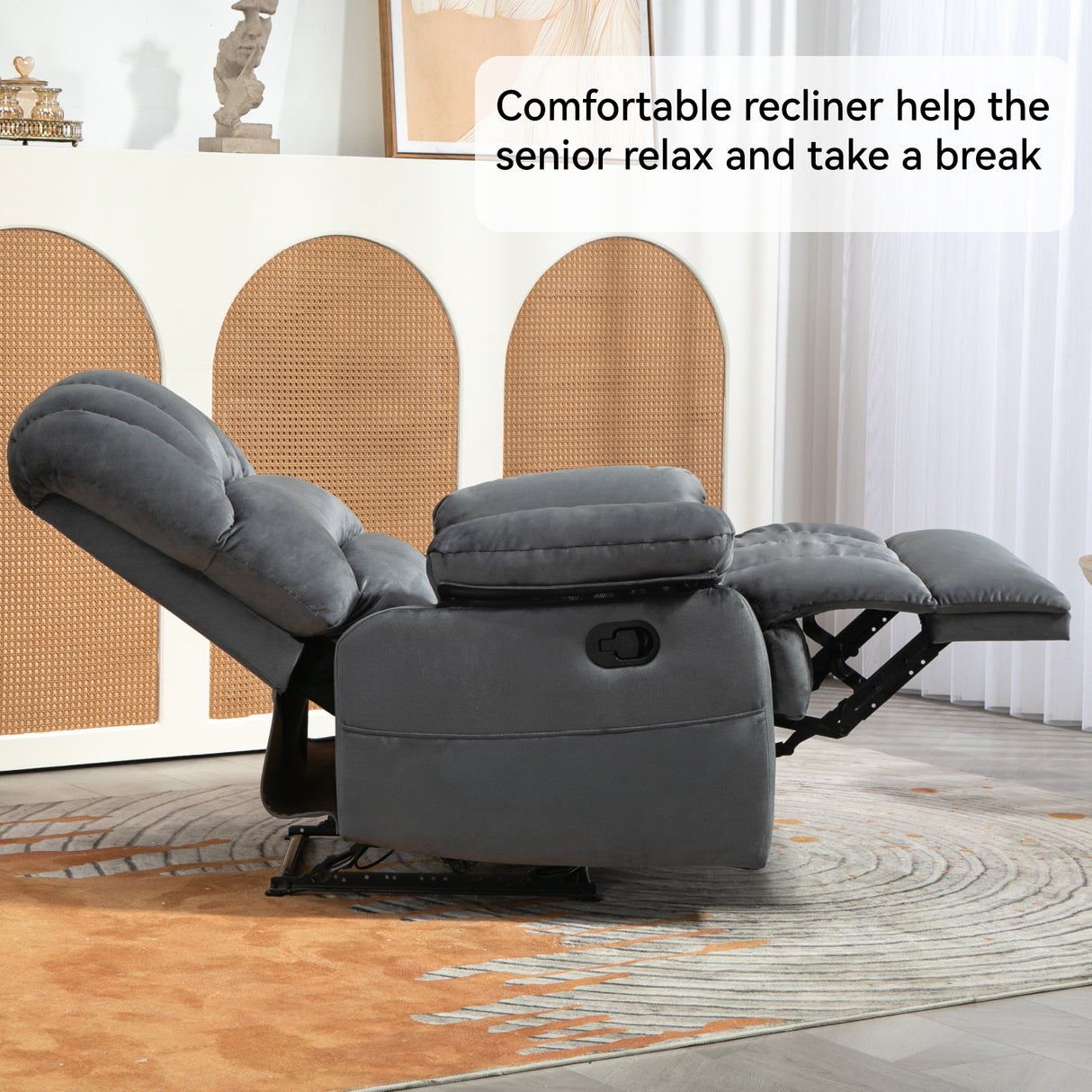 Large Manual Recliner Chair in Fabric for Living Room, Grey - V.I.P Digital Presence