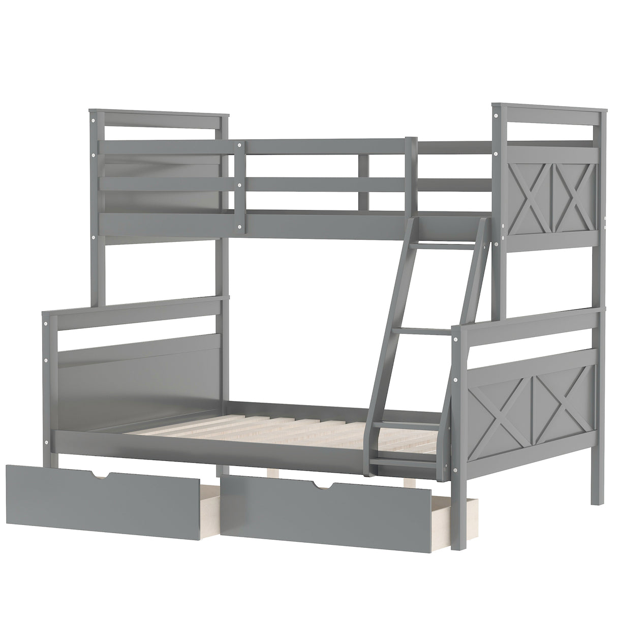 Twin over Full Bunk Bed with Ladder Two Storage Drawers Safety Guardrail Gray