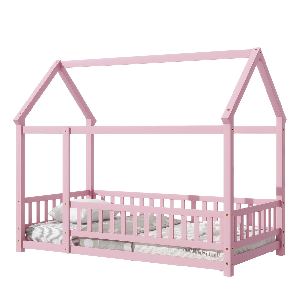 Twin Size Floor Wooden Bed with House Roof Frame, Fence Guardrails,Pink - V.I.P Digital Presence