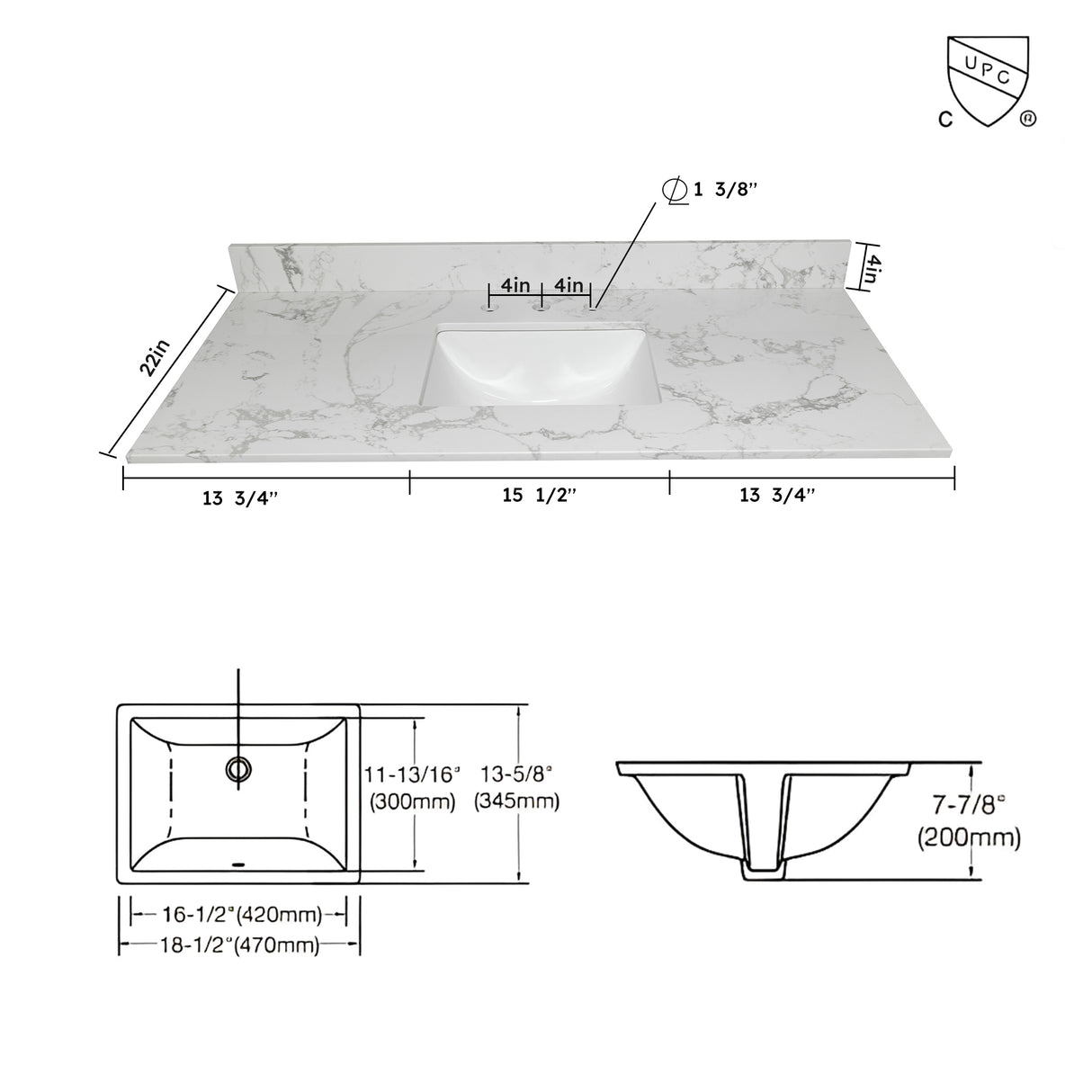 Montary 43x22 bathroom stone vanity top engineered stone carrara white marble color with rectangle undermount ceramic sink and 3 faucet hole with back splash