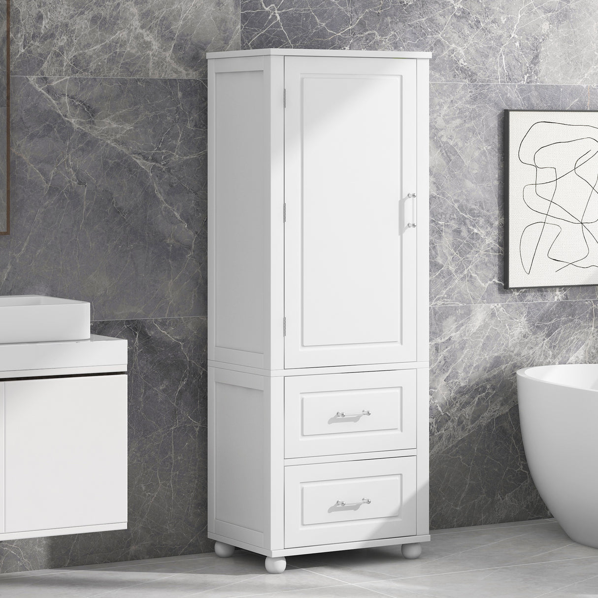 Tall bathroom storage cabinet with two drawers and adjustable shelves for independent storage - V.I.P Digital Presence