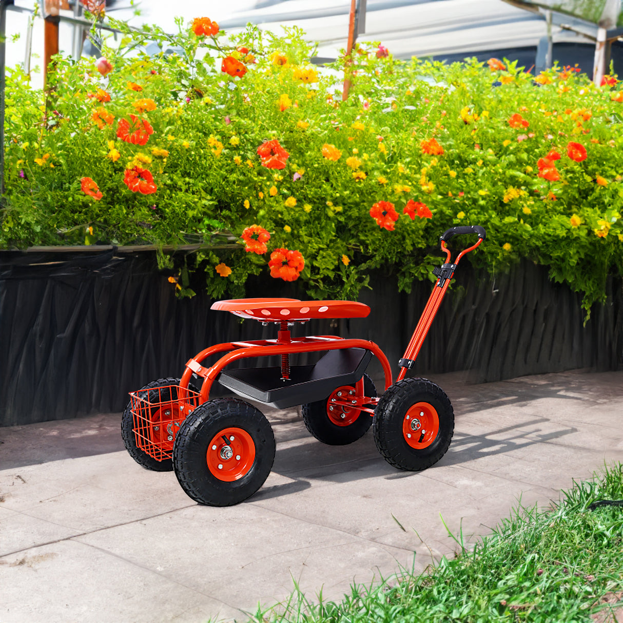 Garden cart rolling scooter, adjustable height with 4 wheels and extendable handle with 360 degree seat and tool tray (red) - V.I.P Digital Presence