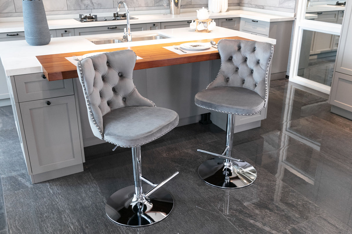 (Gray,Set of 2) 25-33 Inch, Modern Upholstered Chrome base Bar Stools with Backs Comfortable Tufted for Home Pub and Kitchen