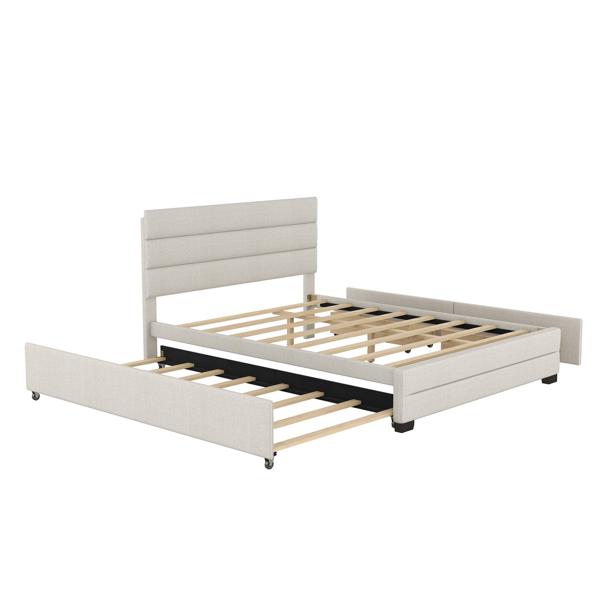 Queen Upholstered Platform Bed with Twin Size Trundle and Two Drawers Beige