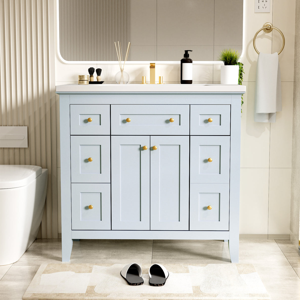 36 inch bathroom vanity with resin sink combination set with 6 drawers and 2 cabinets, storage cabinet vanity set, light blue - V.I.P Digital Presence