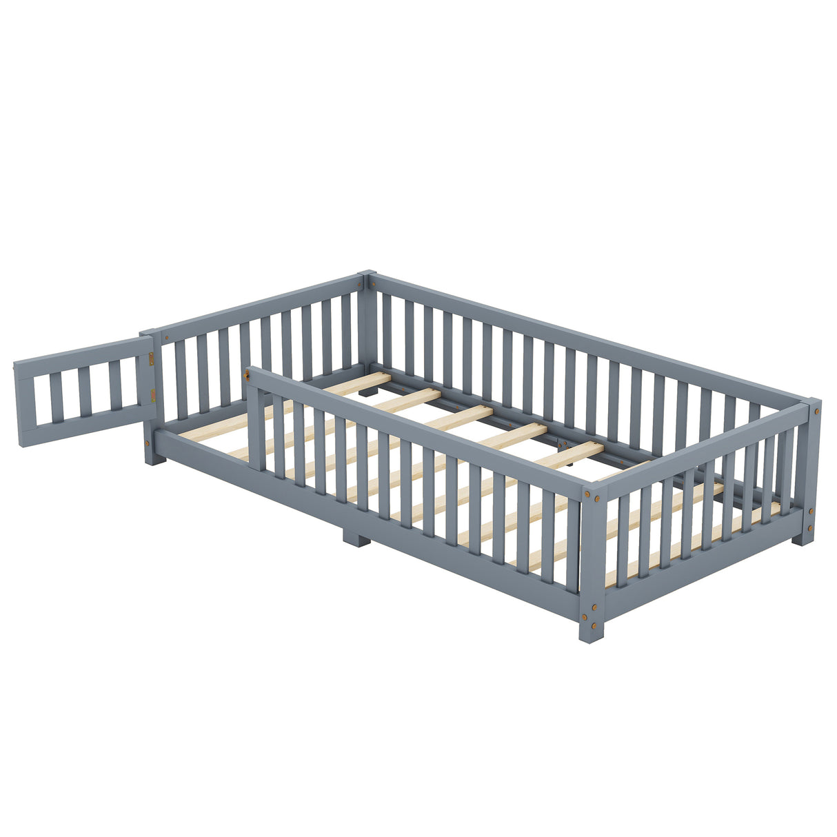 Twin Size Bed Floor Bed with Safety Guardrails and Door for Kids, Gray - V.I.P Digital Presence