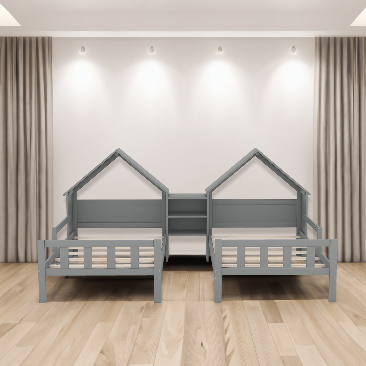 Double Twin Size Platform Bed with House-shaped Headboard and a Built-in Nightstand Grey