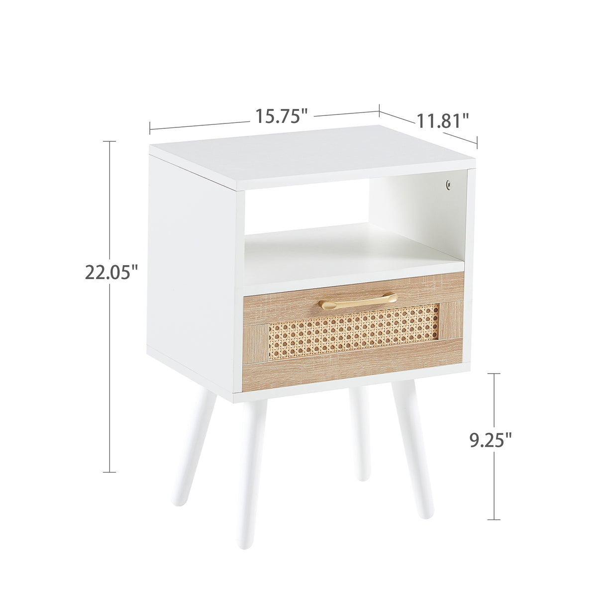 15.75" Rattan End table with drawer and solid wood legs Modern nightstand side table for living room white - V.I.P Digital Presence