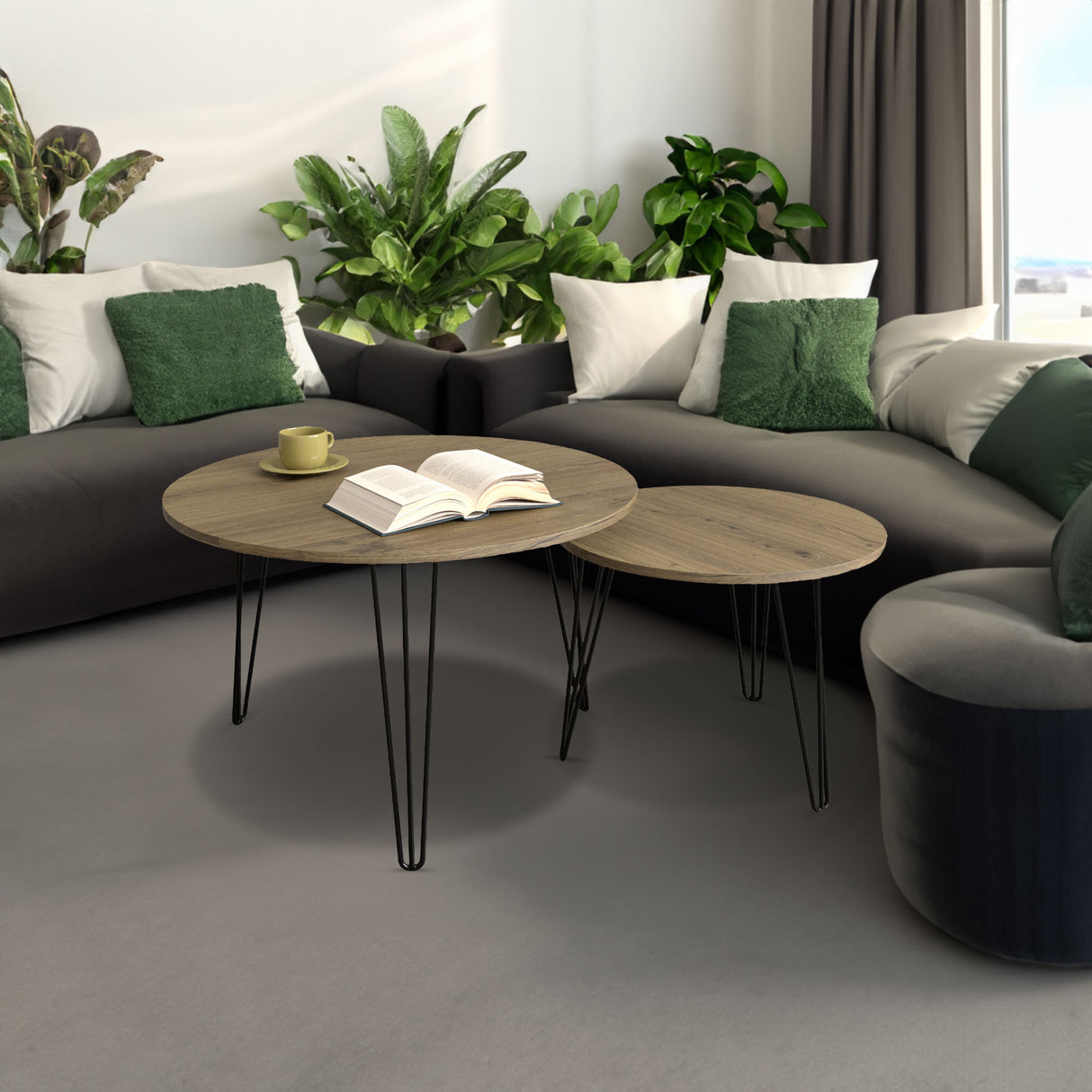 27.56'' Round Nesting Coffee Table Set of 2, Circular Nesting End Table Set Sturdy Metal Base for Living Room, bedroom, Brown - V.I.P Digital Presence