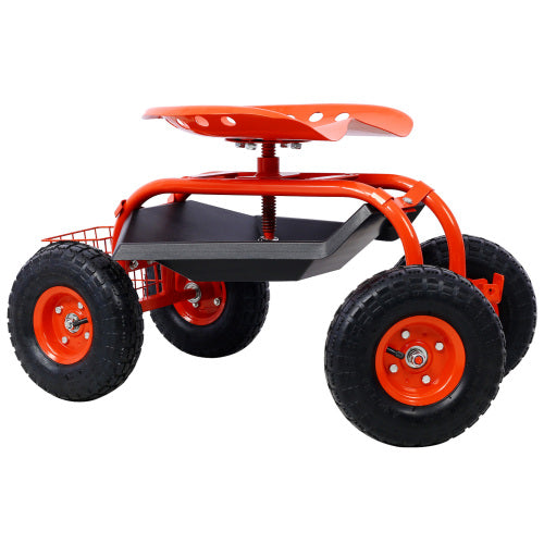 Garden cart rolling scooter, adjustable height with 4 wheels and extendable handle with 360 degree seat and tool tray (red) - V.I.P Digital Presence
