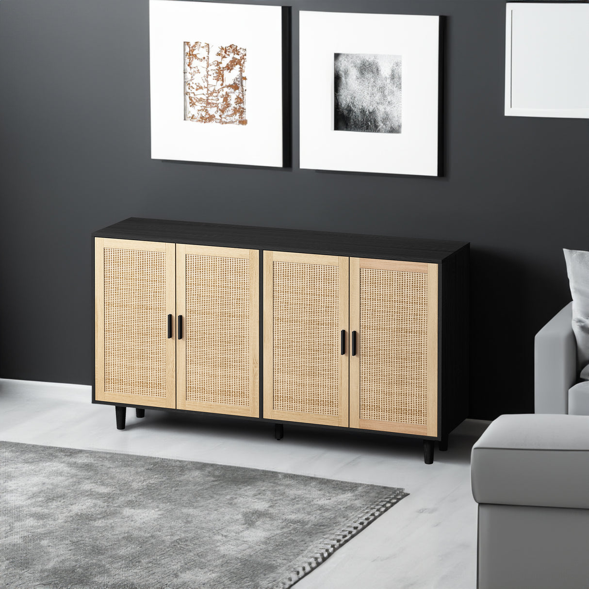 62.20"Elegant and Functional 4-Door Rattan Decorative Storage Cabinet,for Bedroom,Living Room,Office,Easy Assembly,Black - V.I.P Digital Presence