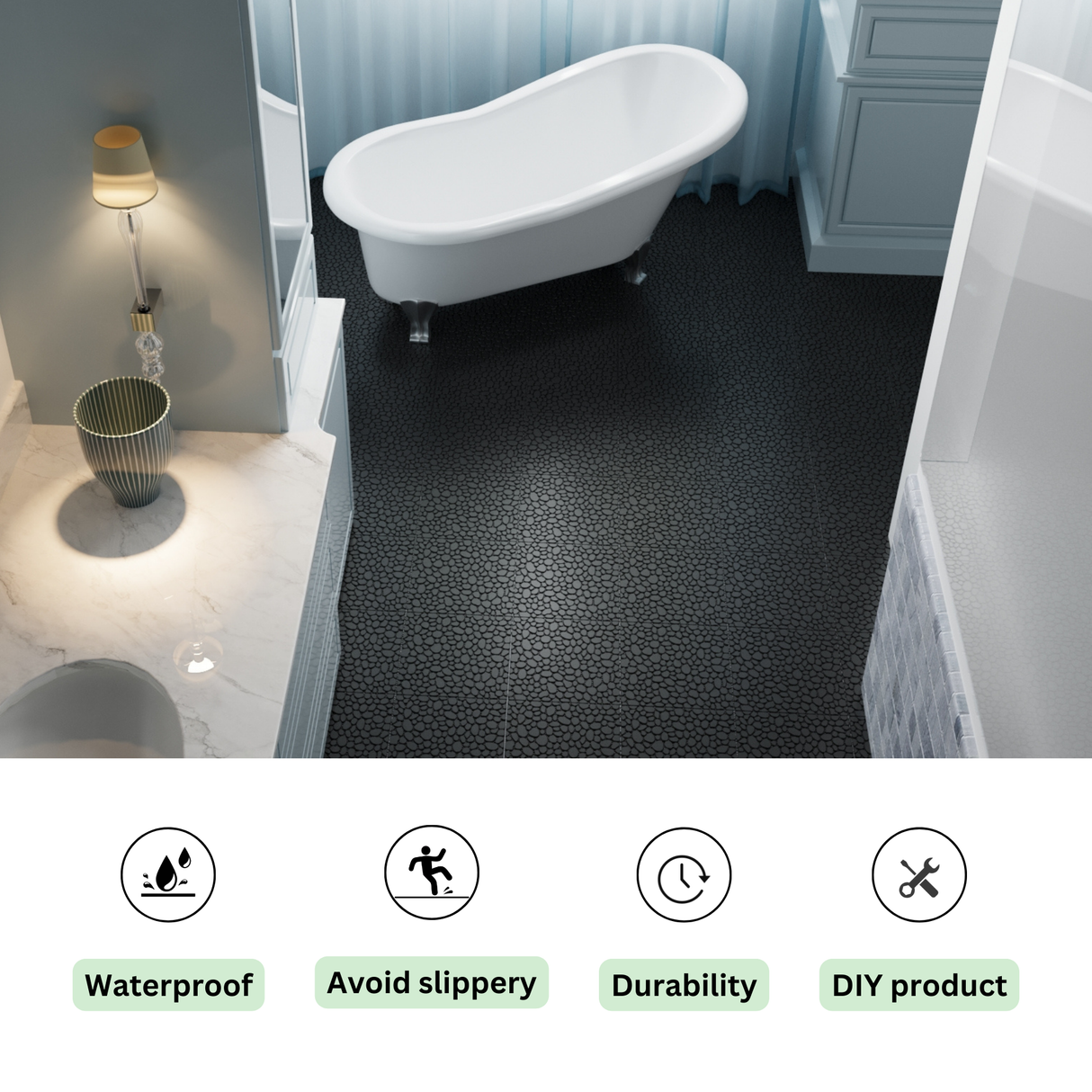 12 x 12 inch black interlocking deck tiles, plastic waterproofing, pebble pattern, pack of 12 - V.I.P Digital Presence