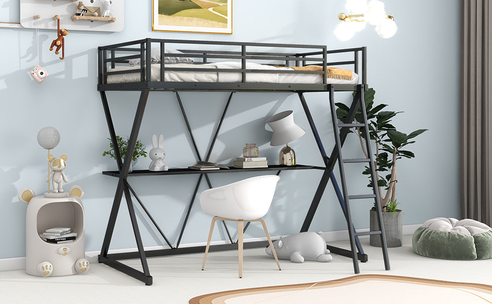Twin Size Loft Bed with Desk Ladder and Full-Length Guardrails X-Shaped Frame Black