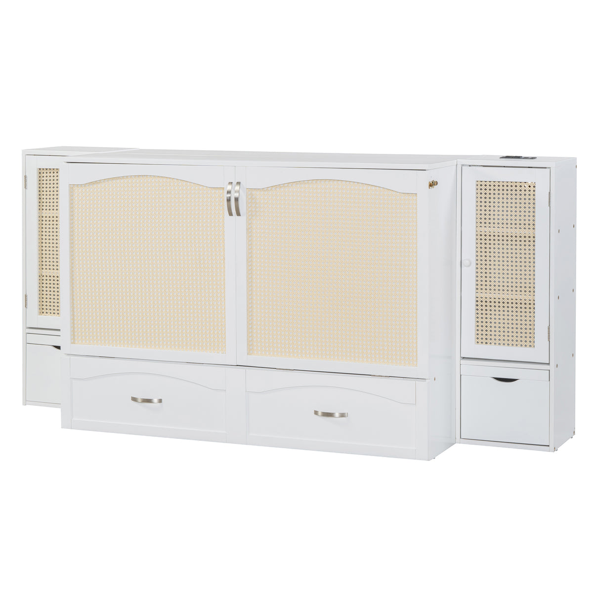 Large Murphy bed wall mounted bed with drawers, 2 storage cabinets, 1 set of sockets and USB ports, white - V.I.P Digital Presence