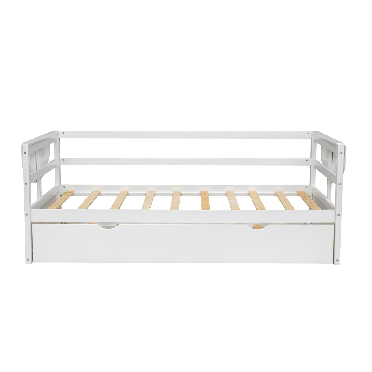 win Size Daybed with Trundle and Foldable Shelves on Both Sides White