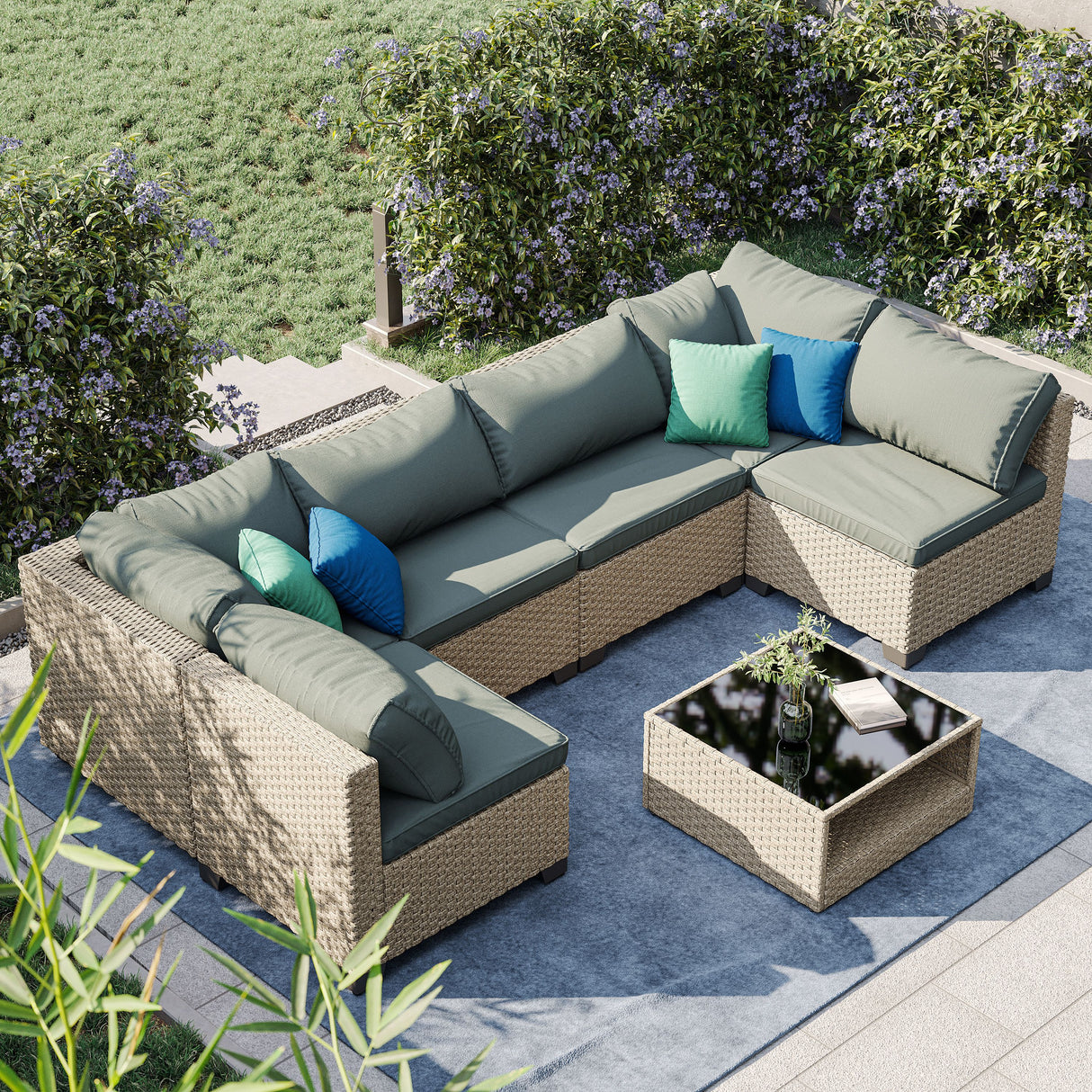 7-Piece Patio Furniture Set, All-Weather Boho Outdoor Conversation Set Sectional Sofa with Water Resistant Grey Thick Cushions - V.I.P Digital Presence