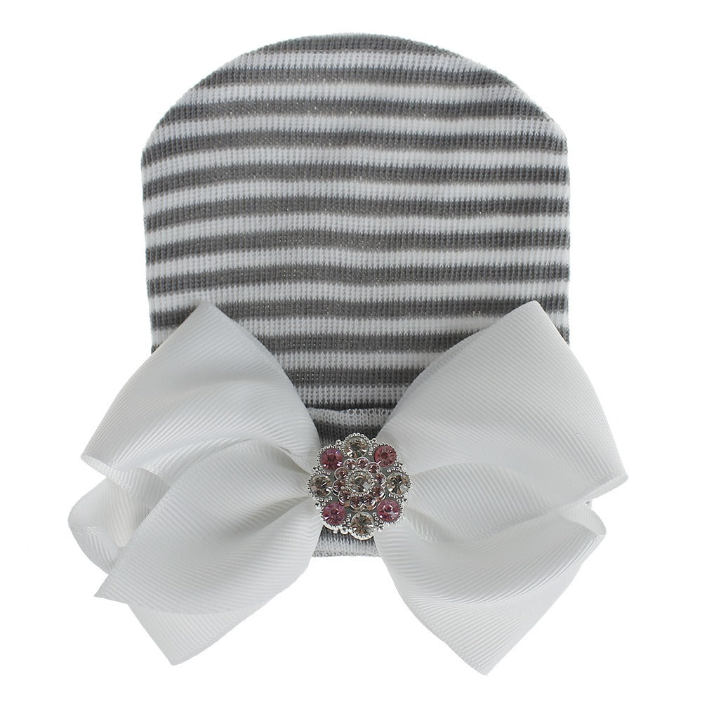 European and American Big Bow Glittering Diamond Pink Stripe Girl Baby Knitted Hat Newborn Baby Pullover Hat - V.I.P Digital Presence