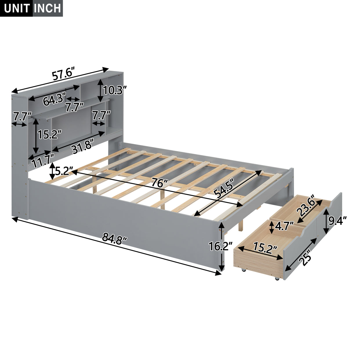 Full Size Platform Bed with Storage Headboard and 2 Drawers, Gray - V.I.P Digital Presence