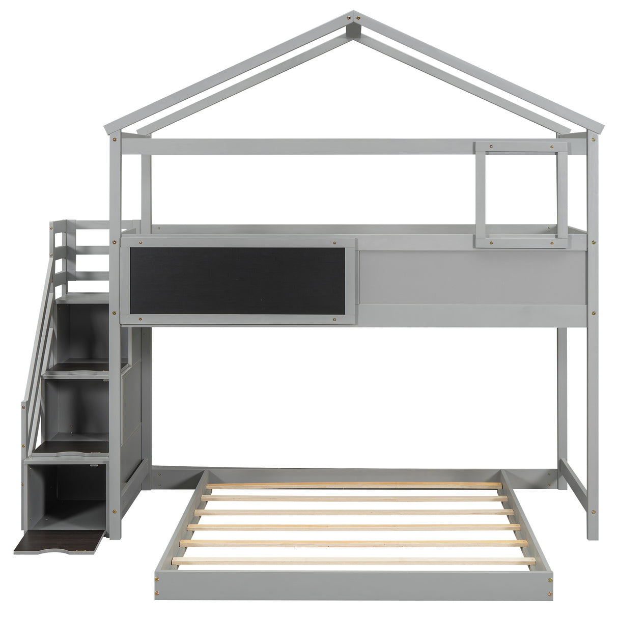 Twin over Full House Bunk Bed with Storage Staircase and Blackboard Gray