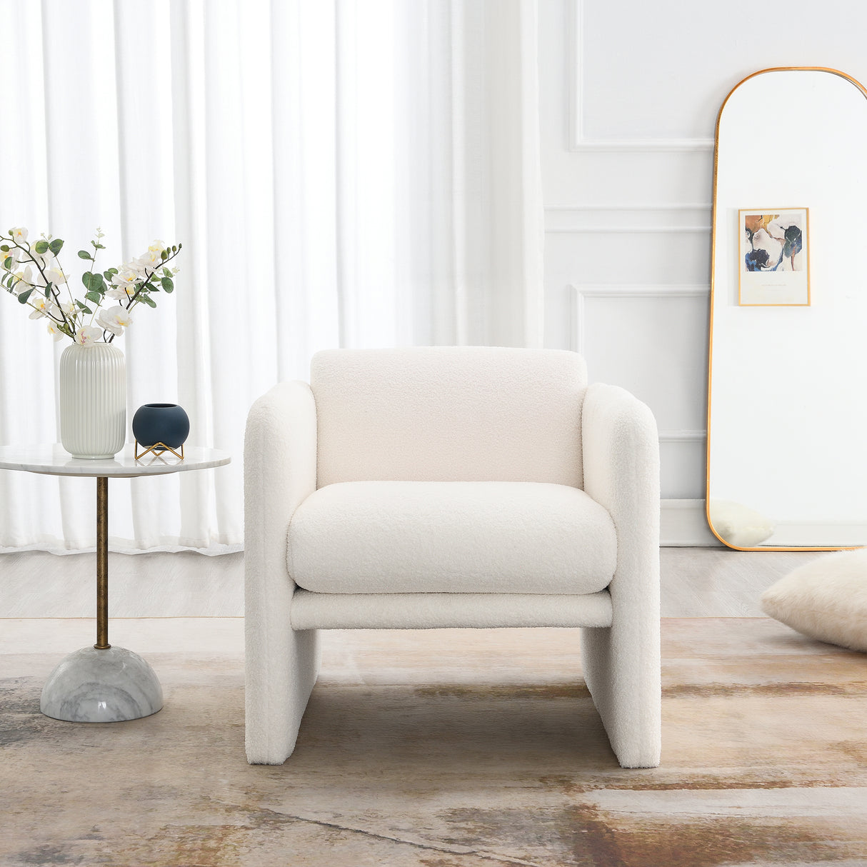 Armchair with wavy armrests, metal decorations on both sides of the armrests, made of Teddy cloth, white - V.I.P Digital Presence