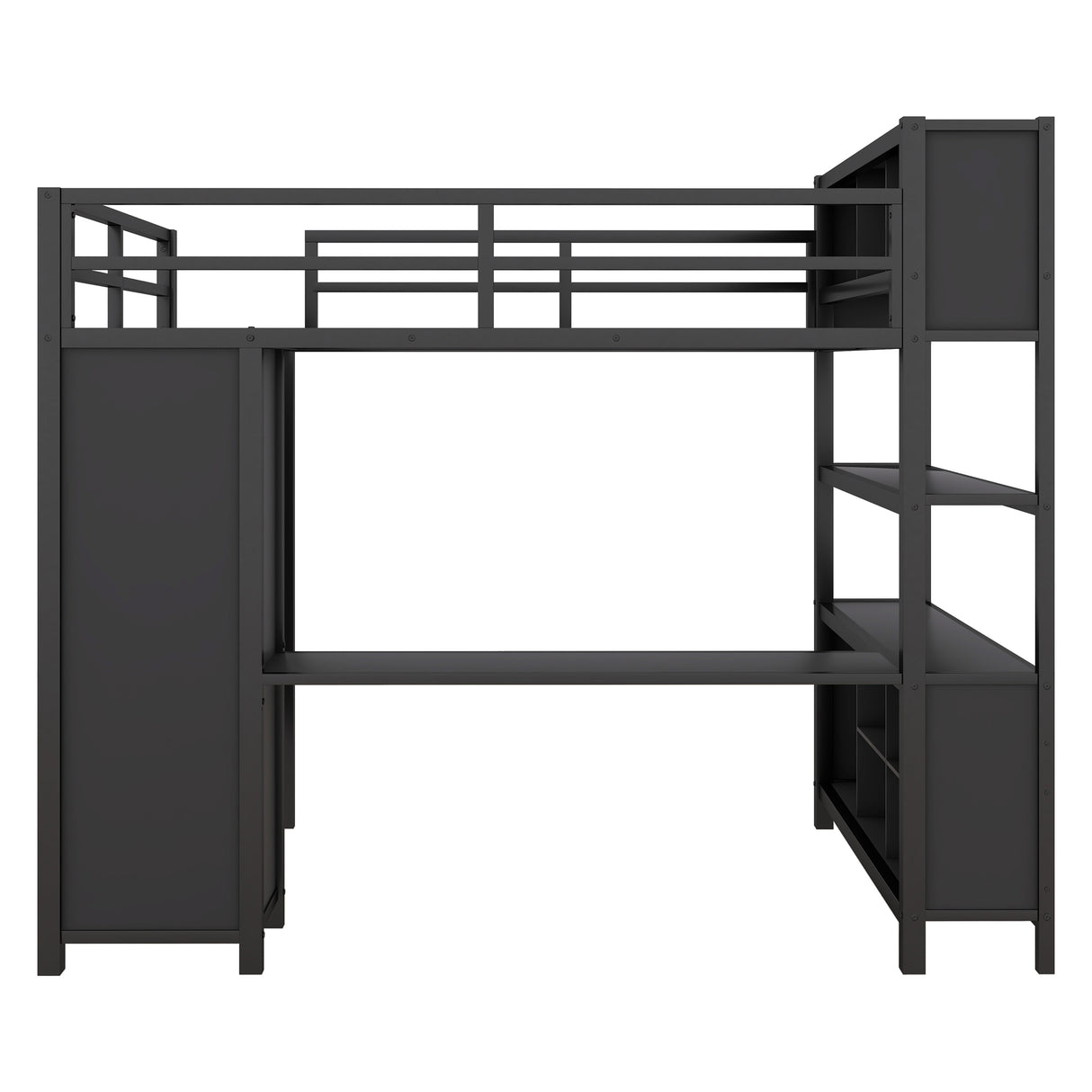 Metal loft bed with wardrobe and L-shaped desk, full-size loft bed with storage cabinet and shelf, heavy-duty loft bed, black - V.I.P Digital Presence