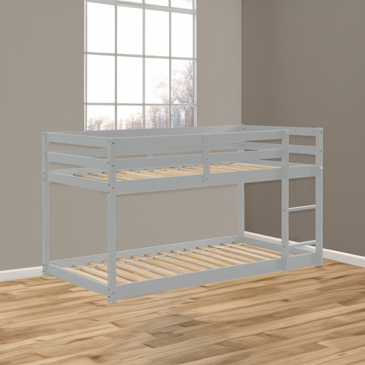 Twin over Twin Floor Bunk Bed,Grey - V.I.P Digital Presence
