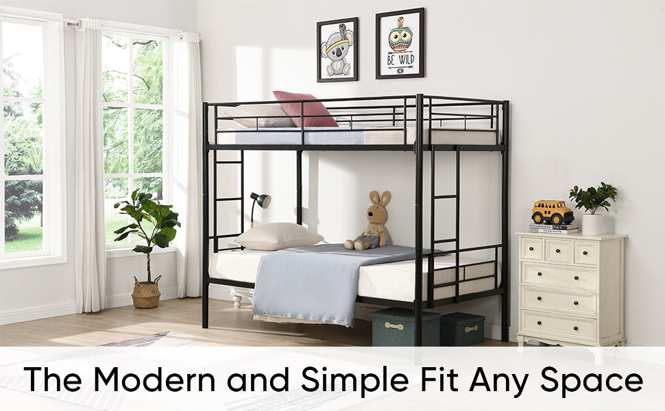 Double decker bed, size above twin bed, with 2 ladders and full-length guardrail, metal, storage space, black - V.I.P Digital Presence