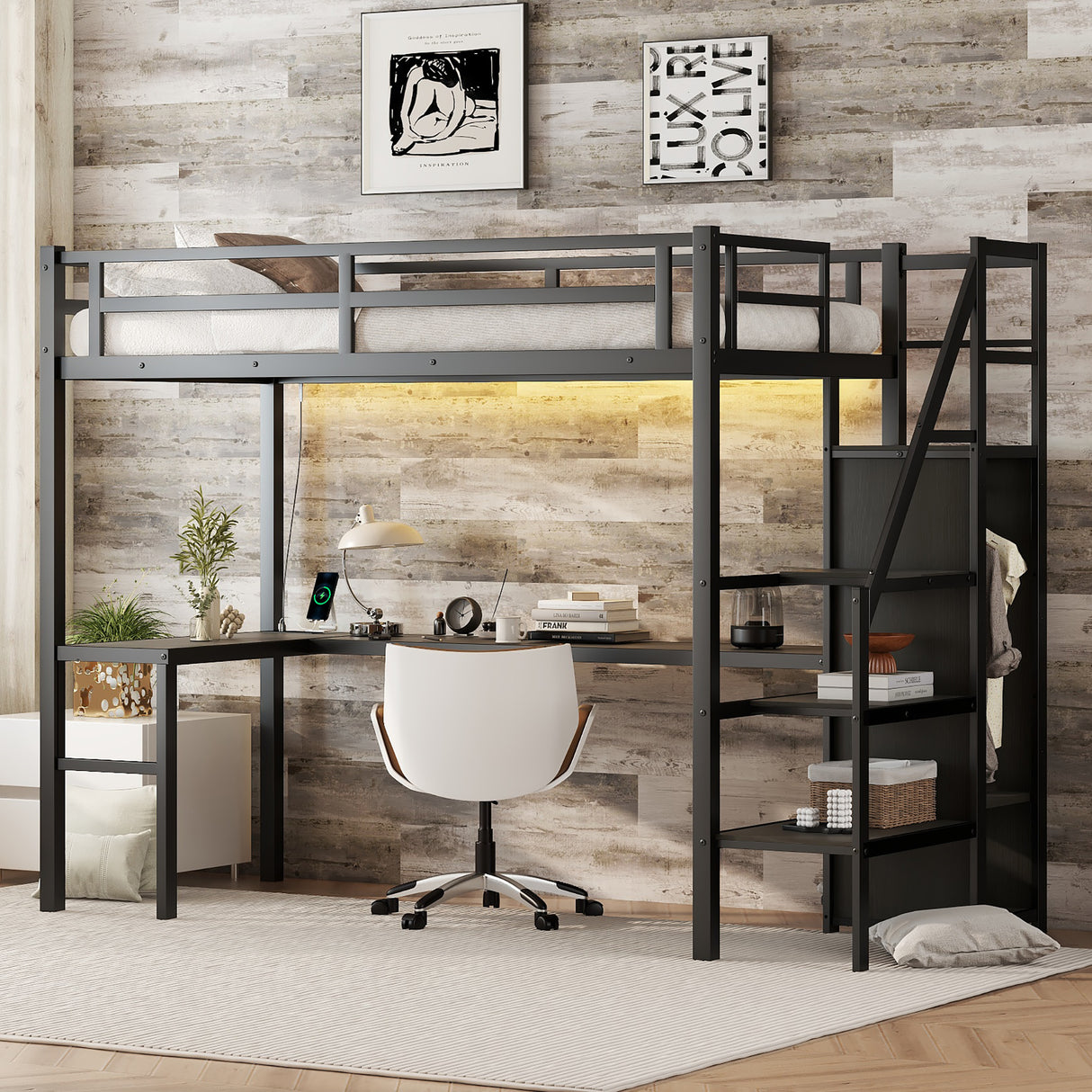Twin XL loft bed with L-shaped desk and USB, metal loft bed with wardrobe and adjustable shelf, LED loft bed, black - V.I.P Digital Presence