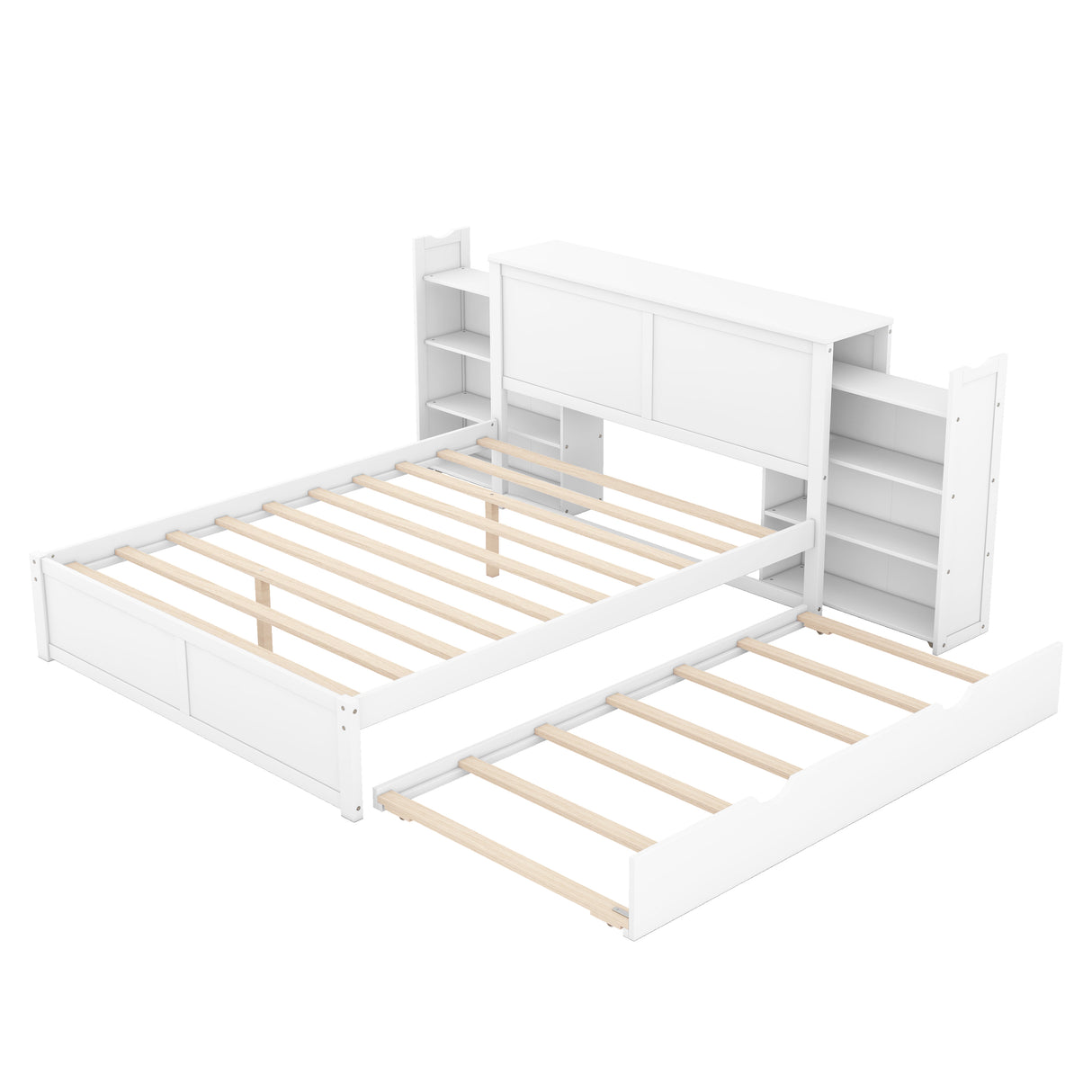 Queen Size Storage Platform Bed with Pull Out Shelves and Twin XL Size Trundle White