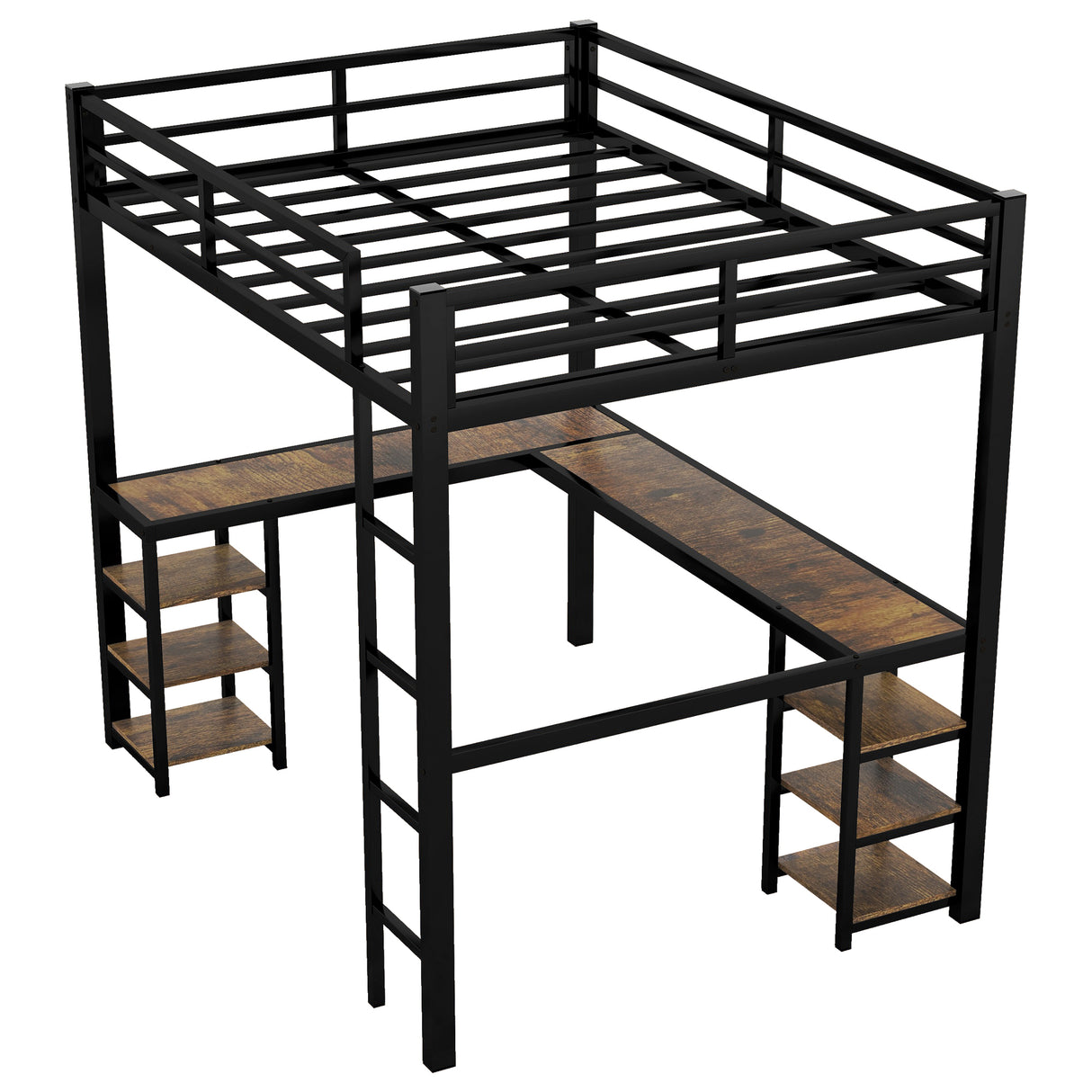 Full metal loft bed with desk and shelf, loft bed with ladder and guardrail, black with retro wood desk - V.I.P Digital Presence