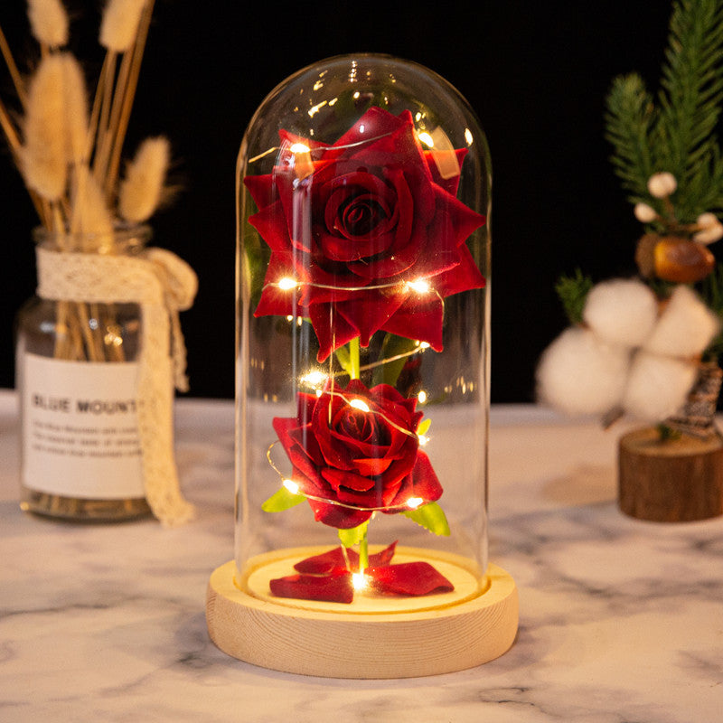 Christmas Valentine's Day Birthday Gift Two Roses Glass Cover Ornament LED Light Simulation Immortal Flower - V.I.P Digital Presence