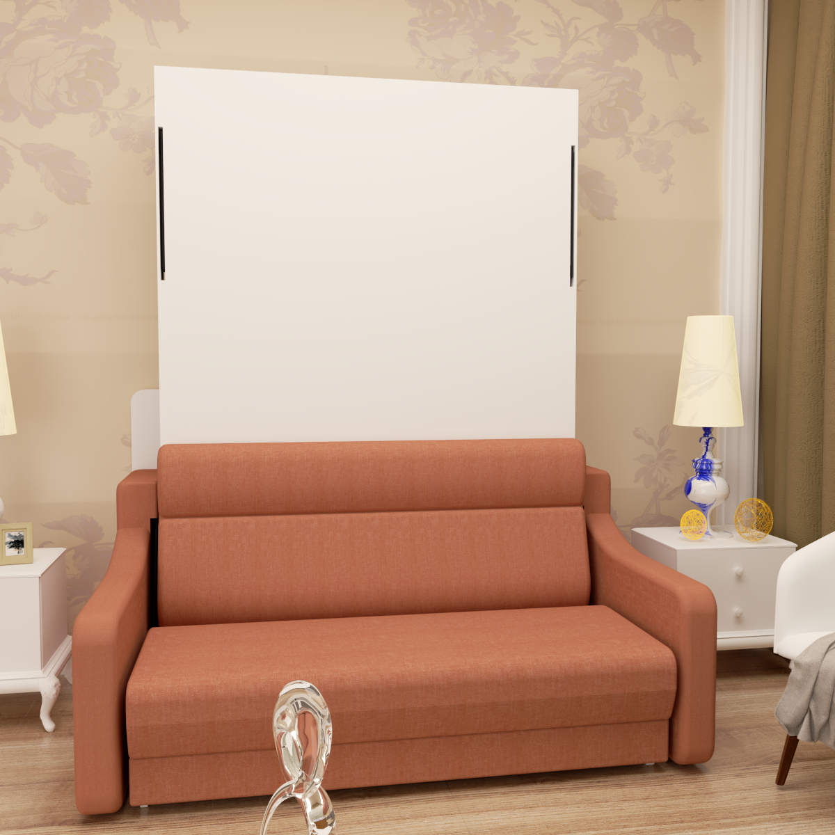 Full size Morden Deisgn vertical Murphy bed with sofa and drawers, white wall bed, space saving hidden bed with new gas pillars - V.I.P Digital Presence