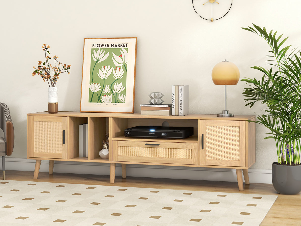 Vine TV stand with 2 cabinets and 2 open shelves, suitable for TVs under 80 inches, with solid wood legs for TV cabinets - V.I.P Digital Presence