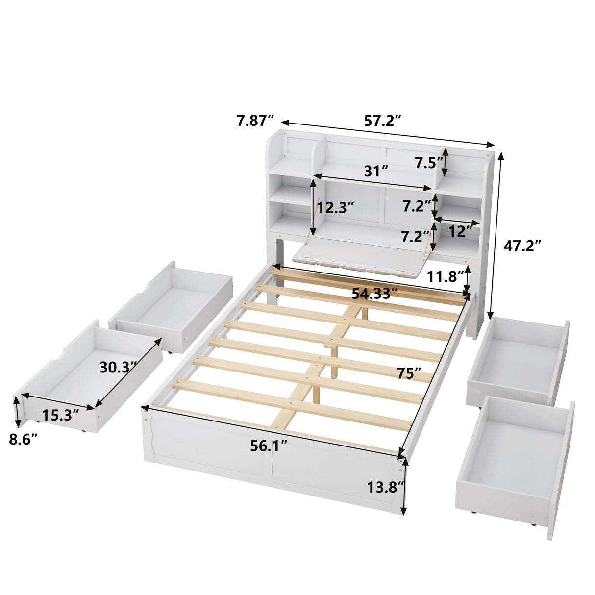 Multi-functional Full Size Bed Frame with 4 Under-bed Portable Storage Drawers and Multi-tier Bedside Storage Shelves White
