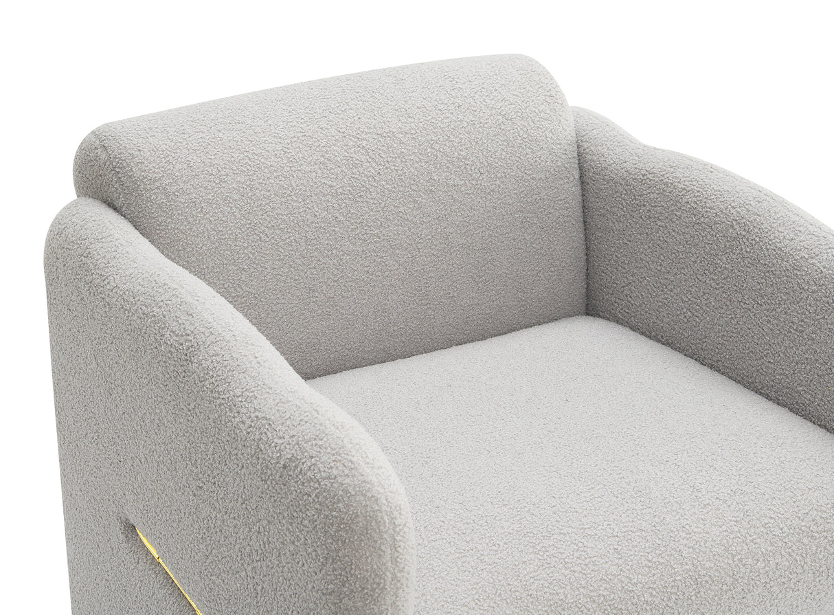 Armchair with wavy armrests, metal decorations on both sides of the armrests, made of Teddy cloth, light gray - V.I.P Digital Presence