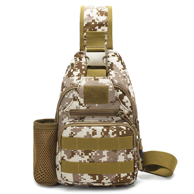 Tactical crossbody sling backpack. Has water bottle holder, MOLLE system, USB charging port. Ideal for travel and walks. Cp Camo - V.I.P Digital Presence