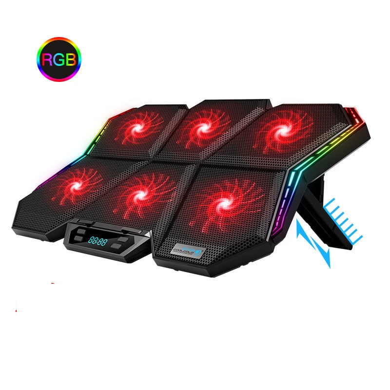Enfriador de computadora portátil para juegos, seis ventiladores, dos puertos USB, iluminación LED RGB, soporte para computadora portátil de 12 a 17 pulgadas