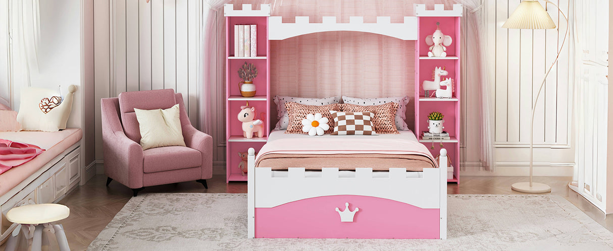 Castle-Shaped Wooden Bed with Storage Shelf, Dreamy Twin Size Platform Bed for Kids Bedroom, Pink+ White - V.I.P Digital Presence
