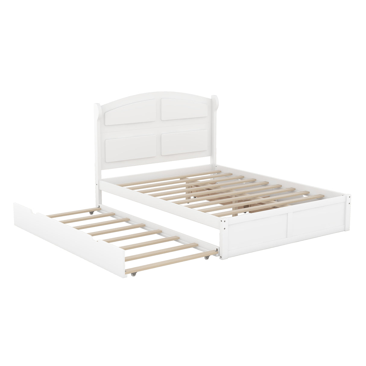 Wood Queen Size Platform Bed with Twin Size Trundle and 2 Drawers White