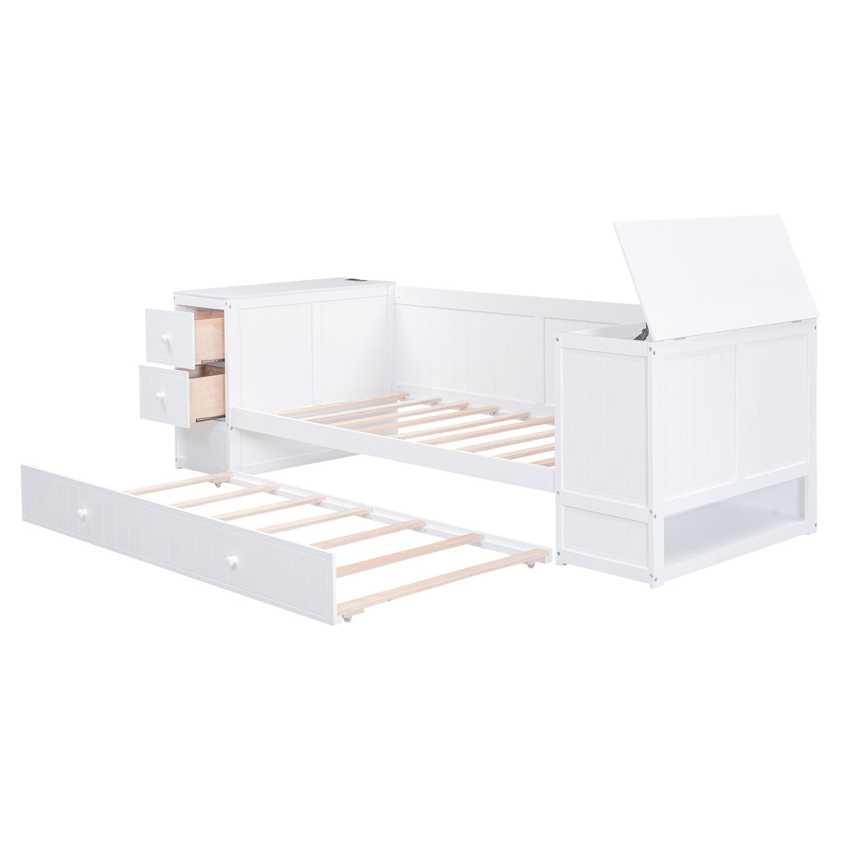 Twin Size Daybed with Storage Arms Trundle and Charging Station White