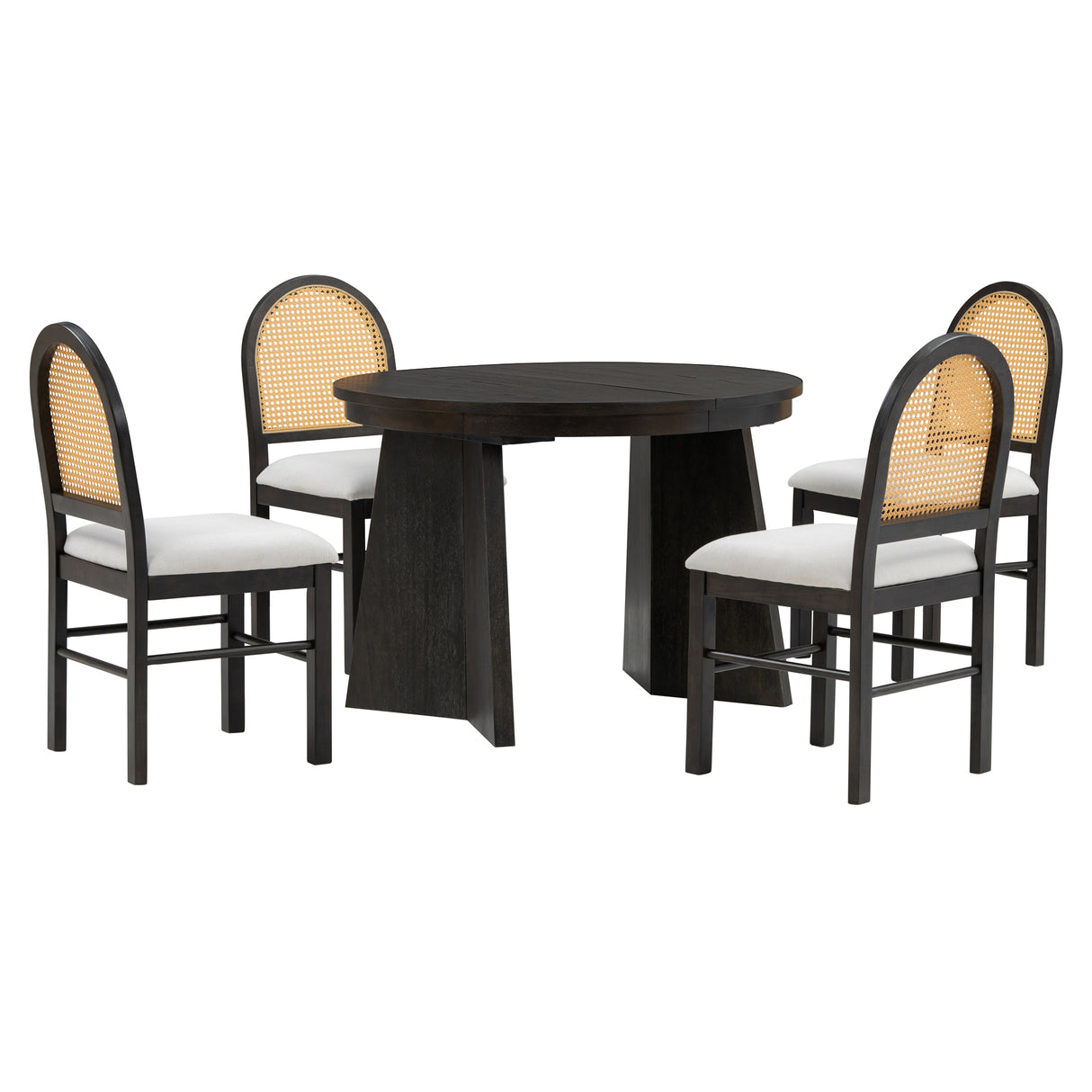 TREXM 5-piece retro functional cutlery set with 1 expandable dining table and 4 cushioned chairs with rattan backrests (espresso - V.I.P Digital Presence