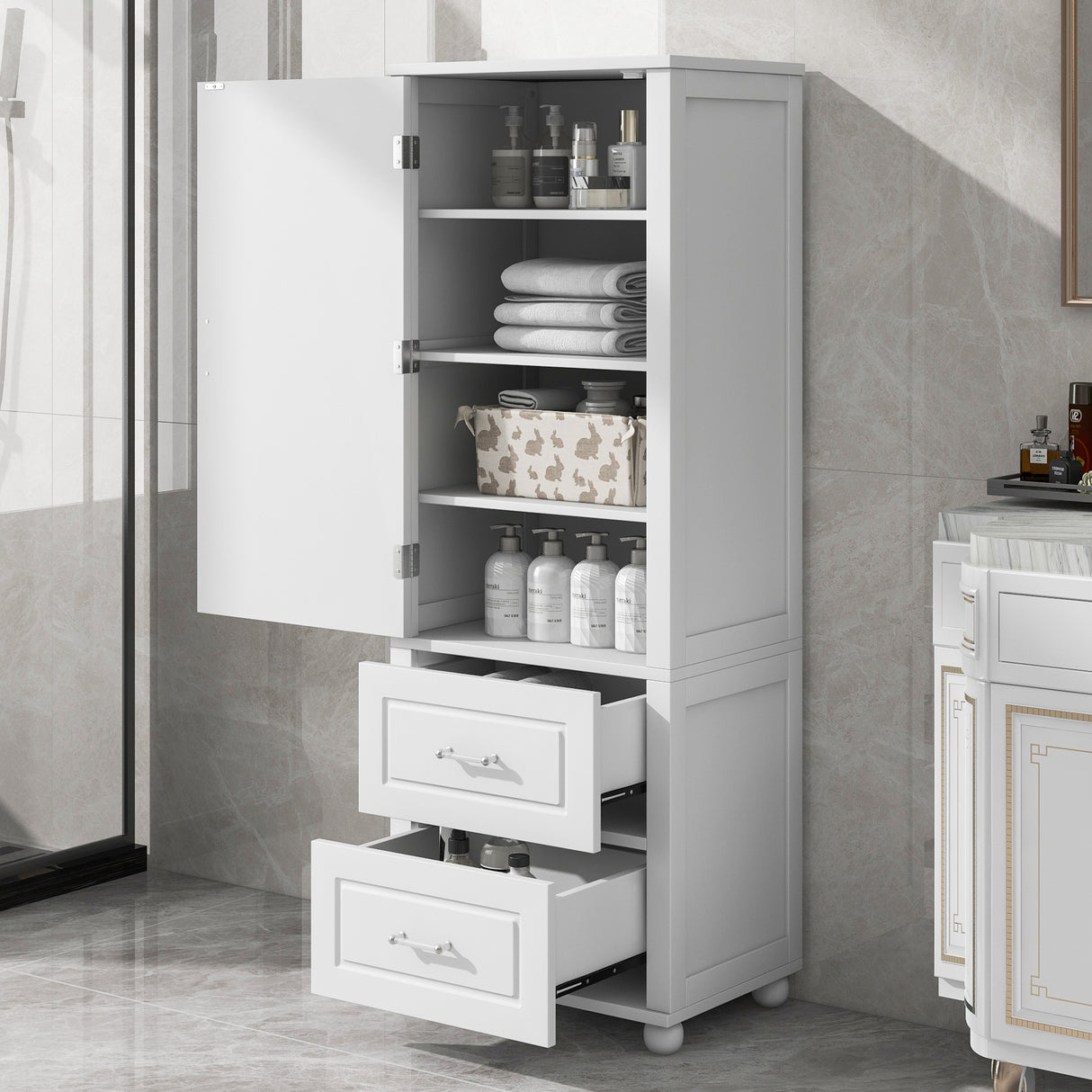 Tall bathroom storage cabinet with two drawers and adjustable shelves for independent storage - V.I.P Digital Presence