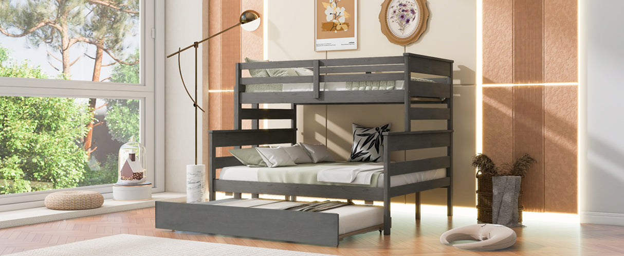 Wood Twin over Full Bunk Bed with Twin Size Trundle Gray