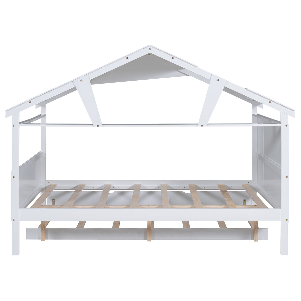 Wood Full Size House Bed with Twin Size Trundle and Storage White